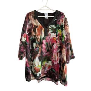 Vicki Wayne 3/4 Sleeve Floral Embellished Neck Top Womens Size 3X artsy bohemian